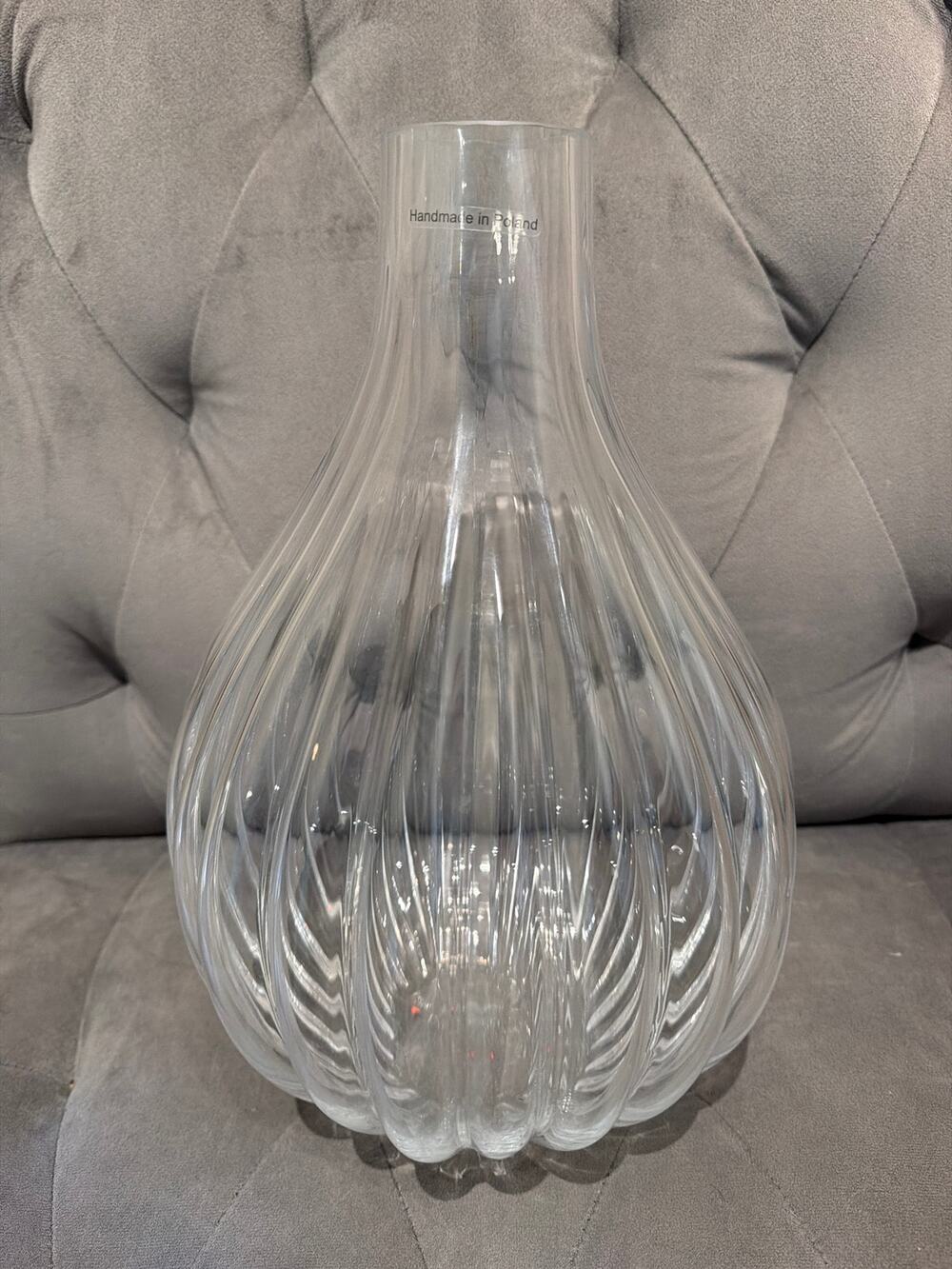 Handmade in Poland Clear Glass Ribbed Balloon Vase Large Onion Teardrop 10"